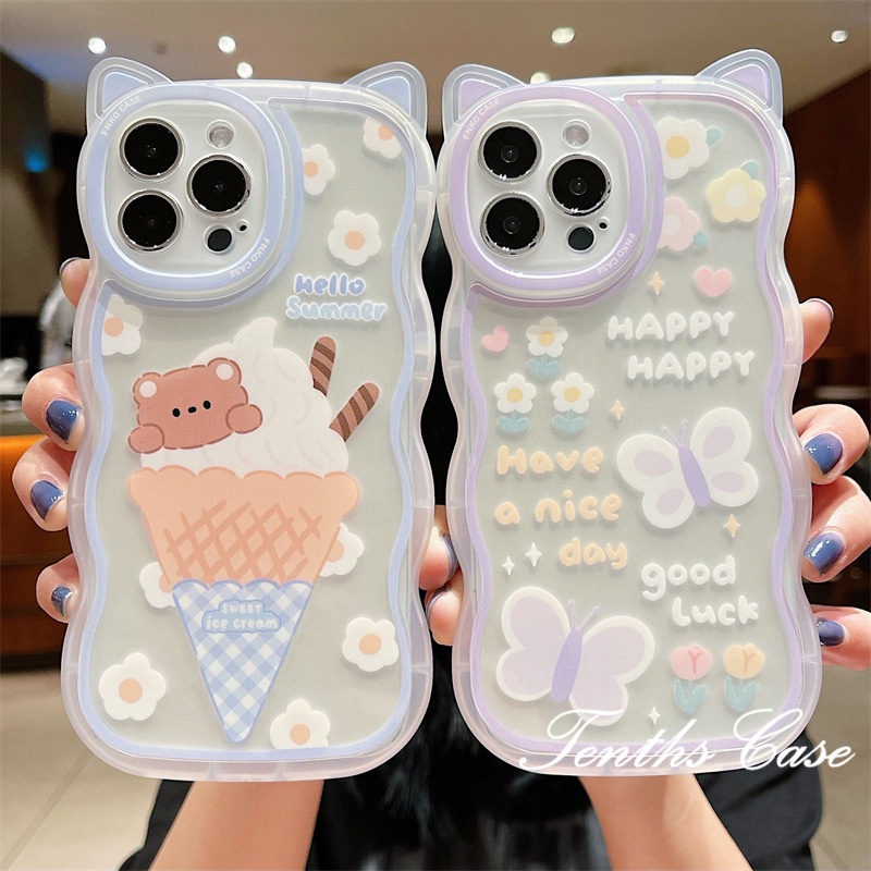 Compatible for IPhone 14 13 12 11 Pro Max X XR Xs Max 8 7 6 6s Plus SE 2020 ice Cream Bear Phone Case Cat Ear Soft Clear Cover