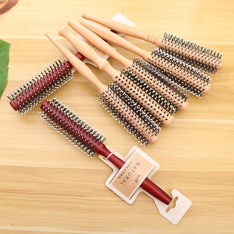 Rolled round comb for styling sturdy blow-drying hair - Wooden handle ...