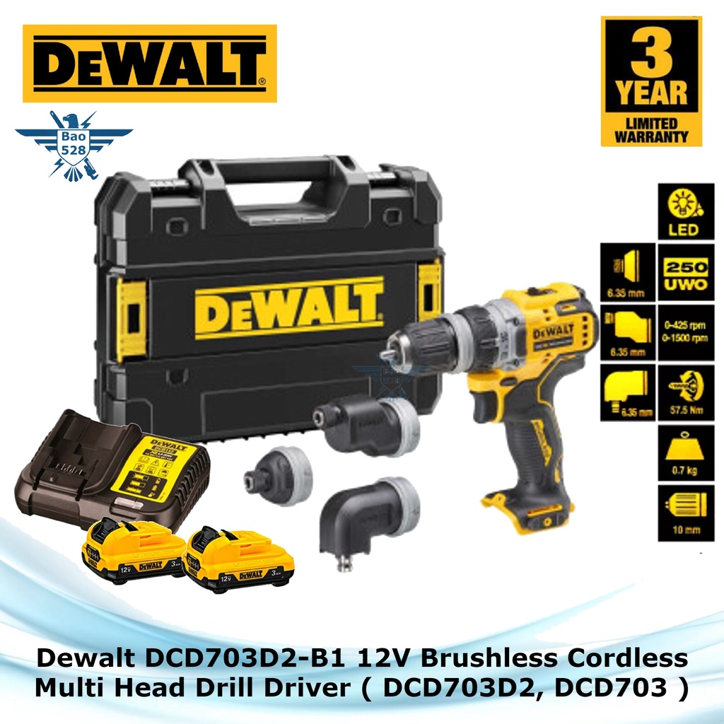 Dewalt DCD703D2-B1 12V Brushless Cordless Multi Head Drill Driver ...