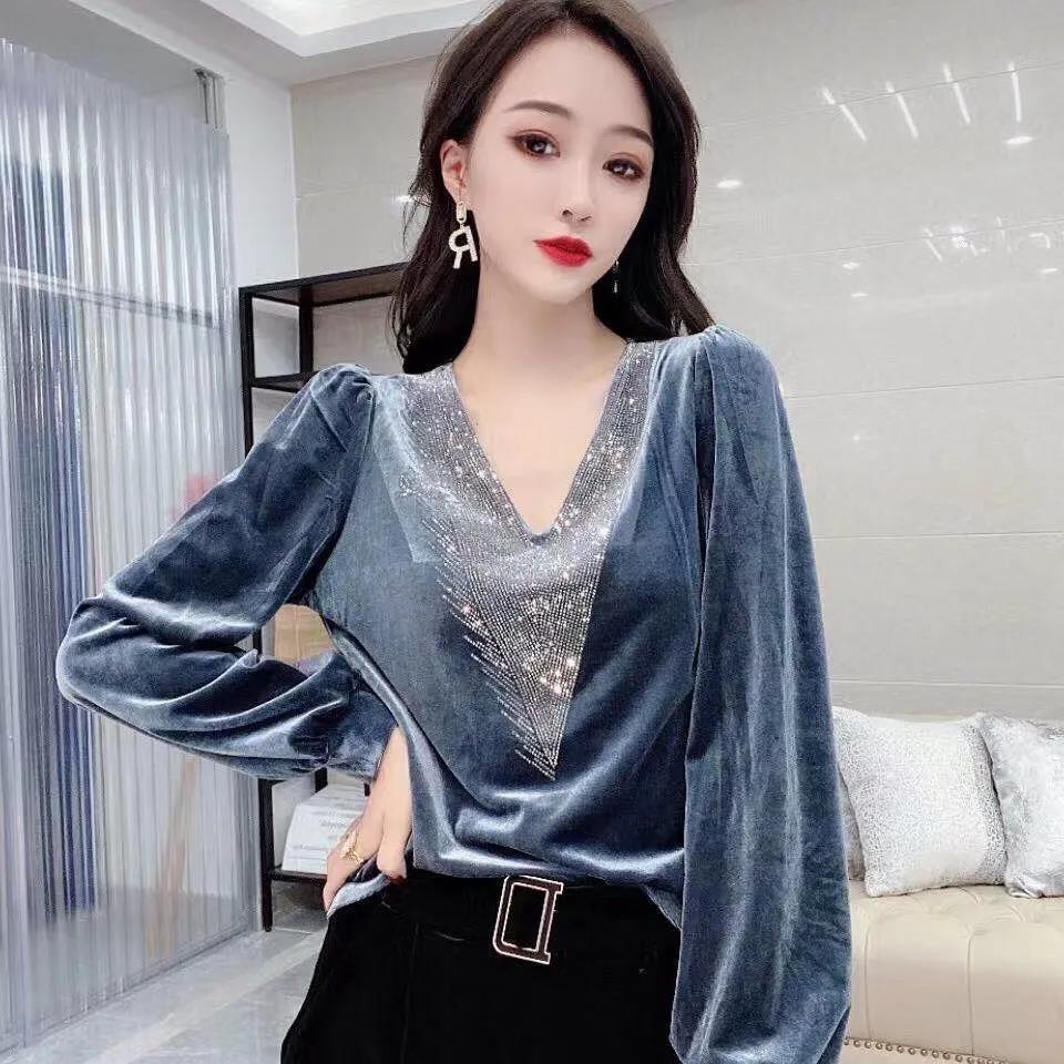 Elegant V-Neck Tops Velvet Long Sleeve Plus Size Casual Shirt High-end  Fashion Women Blouse Clothing