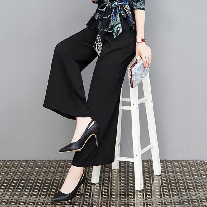 Office Ladies Suit Korean Fashion Women Set Wear Short Sleeve Top Wide Legs  Long Pant Suit Pakaian Wanita Fashion Clothing Ladies 2Pcs/Set Casual Set  plus size