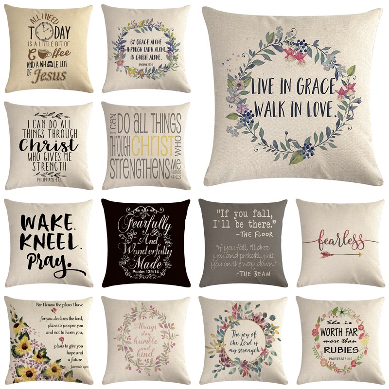 45 * 45cm （18 Inch * 18 Inch） Christian Quote Bible Verse Christian Floral Christian Inspired Quote Linen Car Cushion Cover Home Cushion Cover Decorative Pillowcase