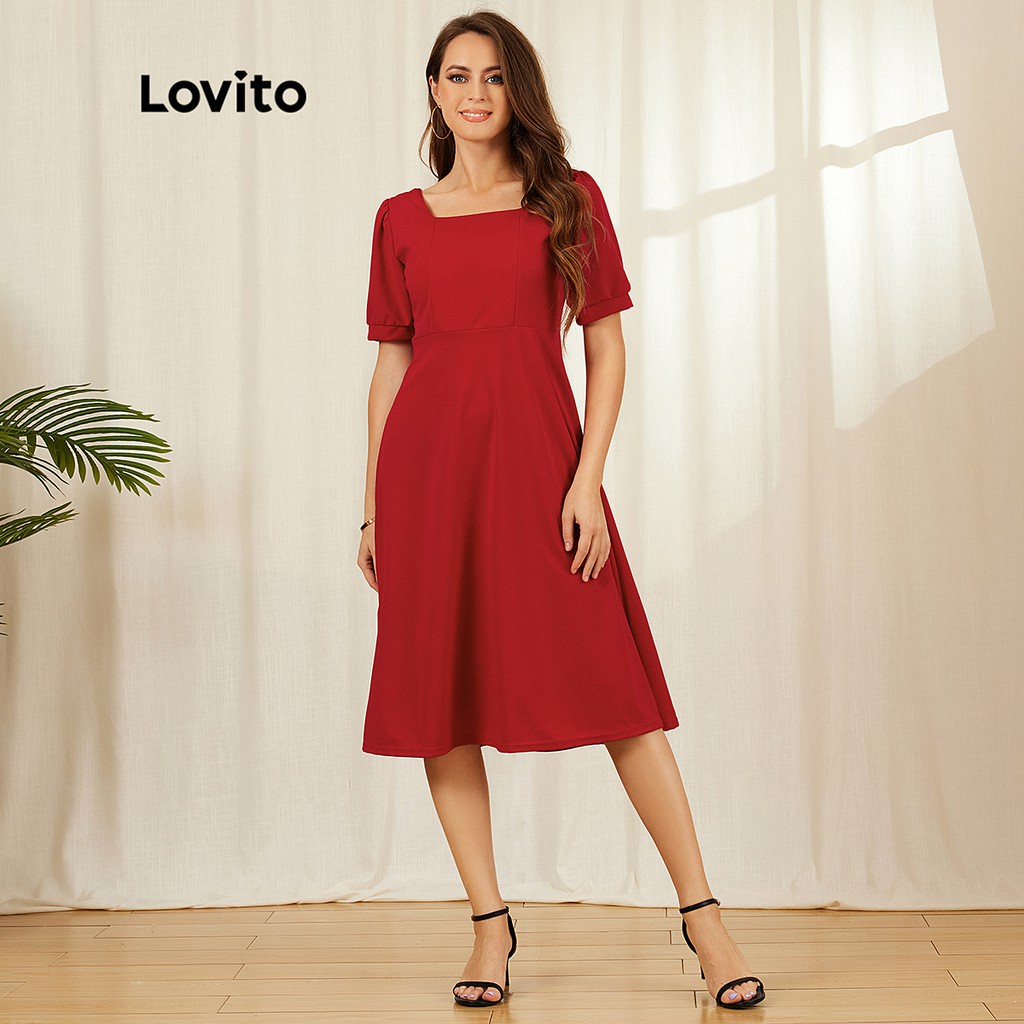 818del-Lovito Vintage Plain Puff Sleeve Square Neck Dress L18X445 (Red ...