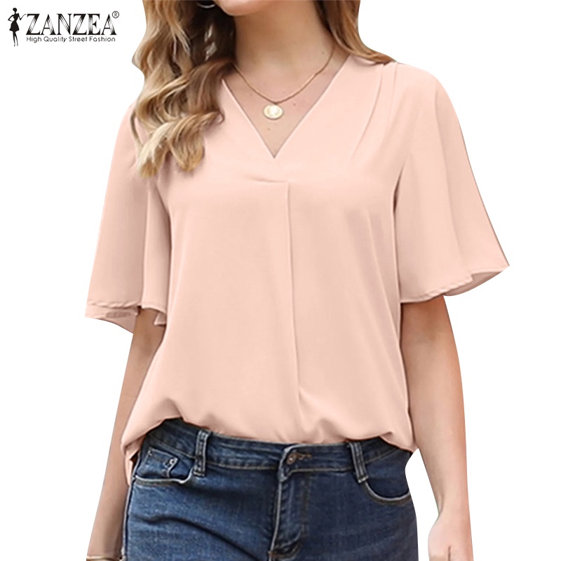 Casual Solid Color V Neck Pleated Blouse