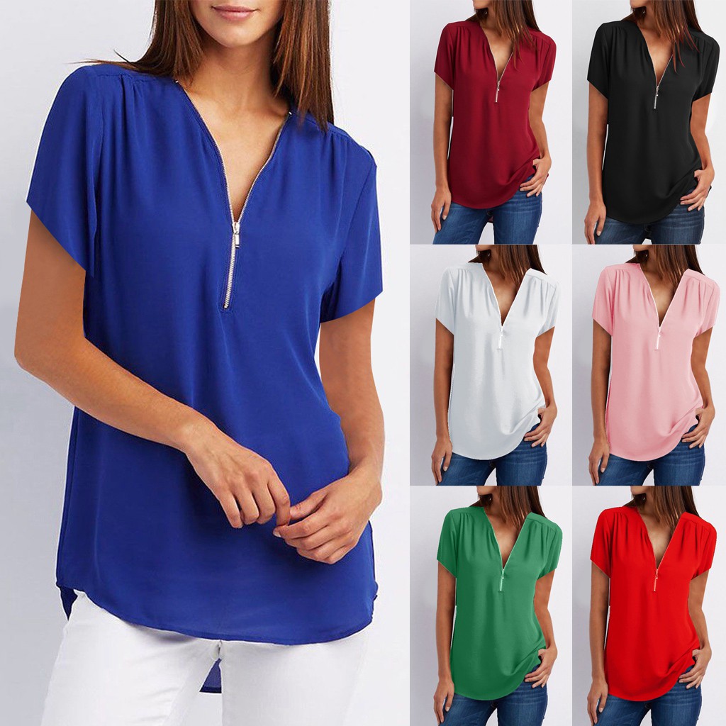 🍒HOT SALE💎Womens Casual Tops Shirt Ladies V Neck Zipper Loose T-shirt  Blouse Tee Top