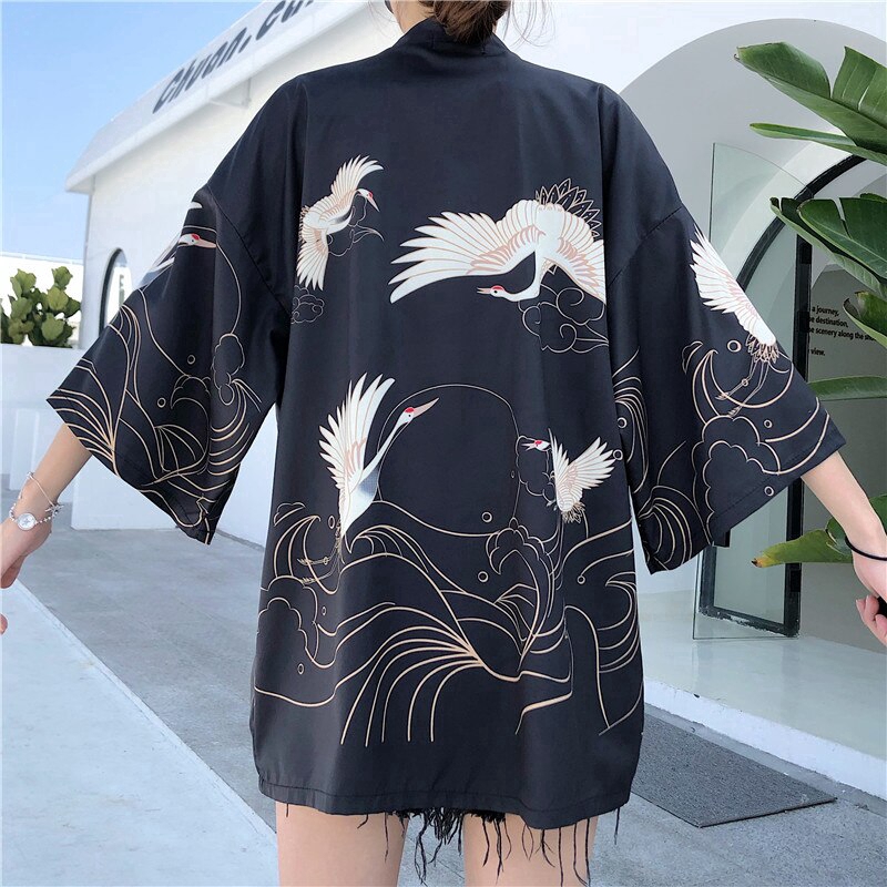 Loose Harajuku Japanese Fashion Kimono 2020 White Black Crane Print ...