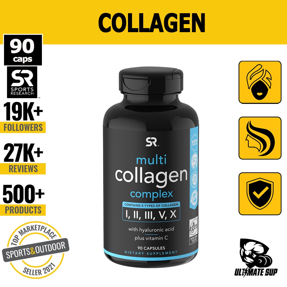 Sports Research Multi Collagen Complex | 5 Types of Collagen | With Hyaluronic Acid + Vitamin C | Keto Certified 90 caps