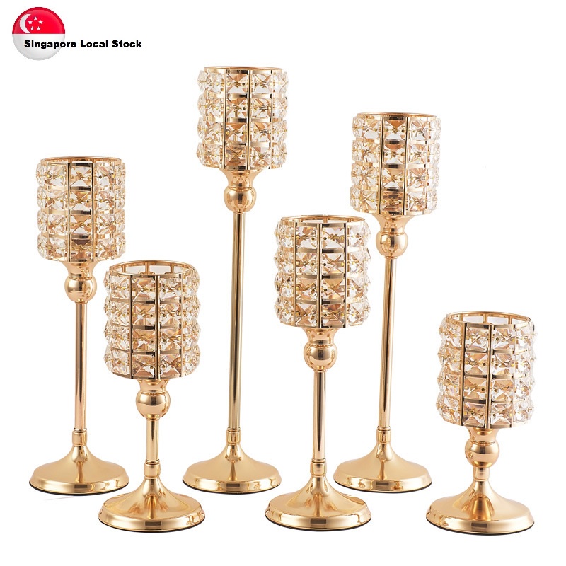 [SG Stock] Crystal Lantern Gold Silver Candle Holders Wedding Candelabra Centerpieces Center Table Candlesticks Parties