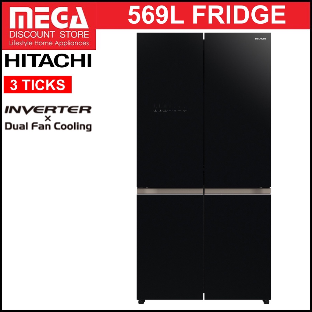 HITACHI RWB640V0MS 569L 4DOOR FRIDGE (GLASS BLACK) (3 TICKS) (NO FREE