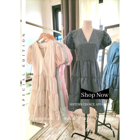 Authentic Bangkok vneck short puff sleeves midi dress from Gemini Shop