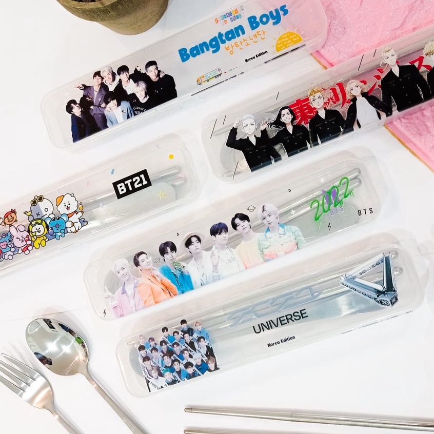 Best Selling!! Cutlery Set Korean Cutlery Chopsticks Kpop Series BTS BT21 EXO NCT Blackpink