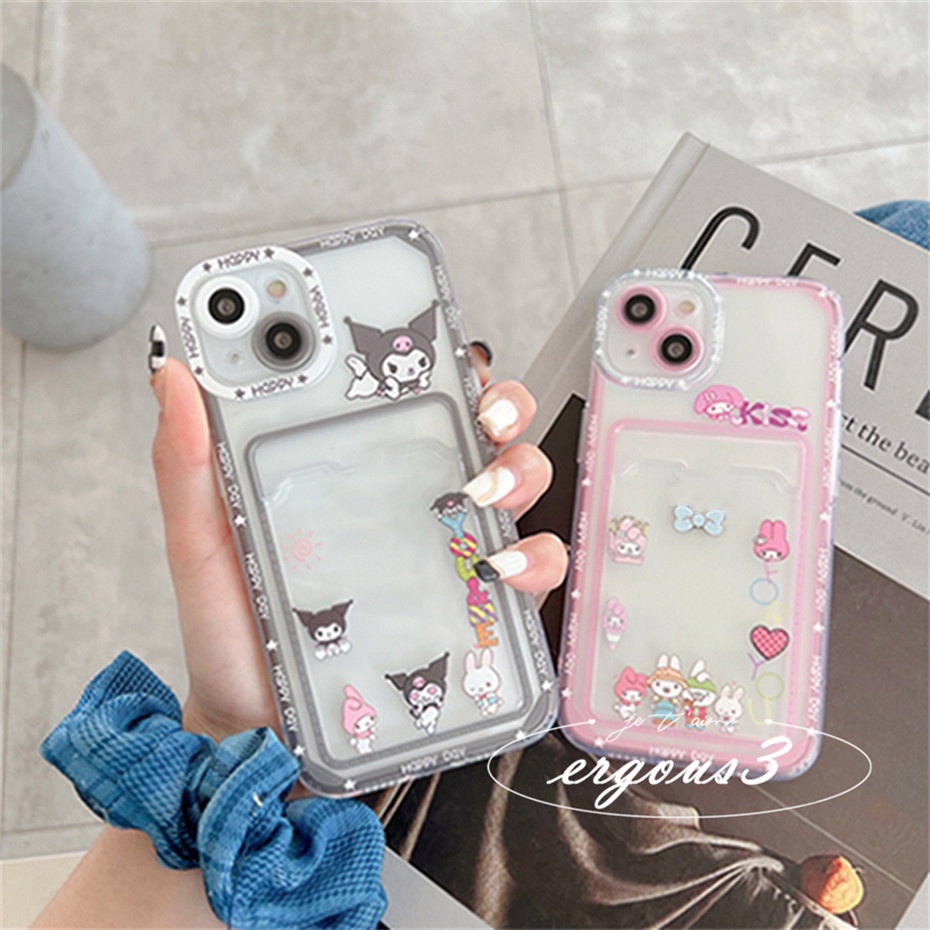 Case compatible for iPhone 13 12 11 Pro Max X XR XS Max SE 2020 8 7 Plus Cute Kuromi And Mymelody Card Holder Transparent Phone Case Protective Cover