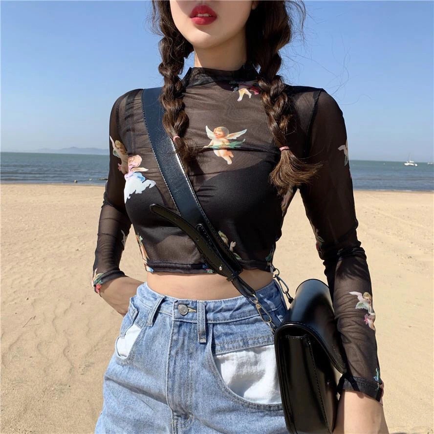 Summer Autumn Turtleneck Mesh Blouse Women Renaissance Print Long Sleeve See Through Top Ladies Sheer Designer Top Clothing