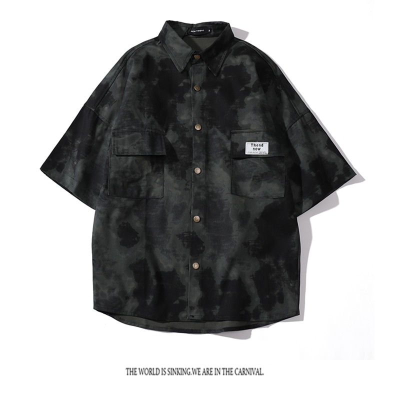 American Vintage Western Coast Camouflage Workwear Short-Sleeved Shirt Men Hip-Hop Loose Casual Couple Short @-