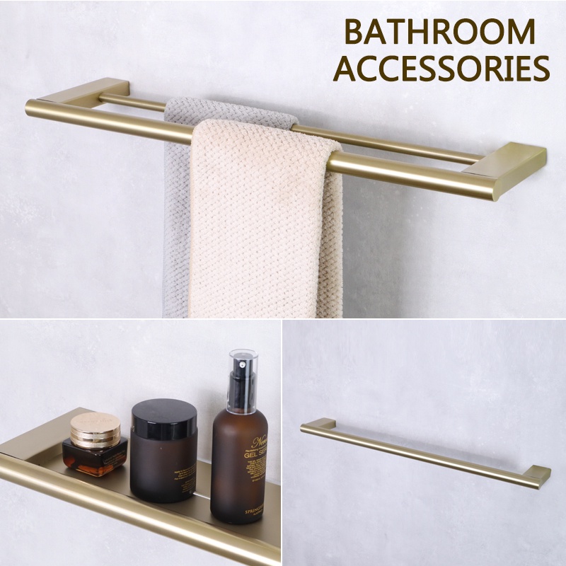 V3 Brushed Gold Bathroom Accessories Towel Holder Storage Shelf Double