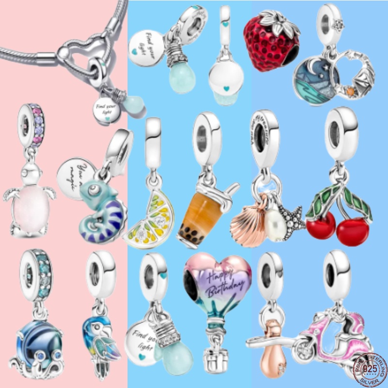 Summer 925 Sterling Silver Chameleon Strawberry Fruit Charm Ocean Bubble and Octopus Wave Charm Suitable for PanCharm Bracelet