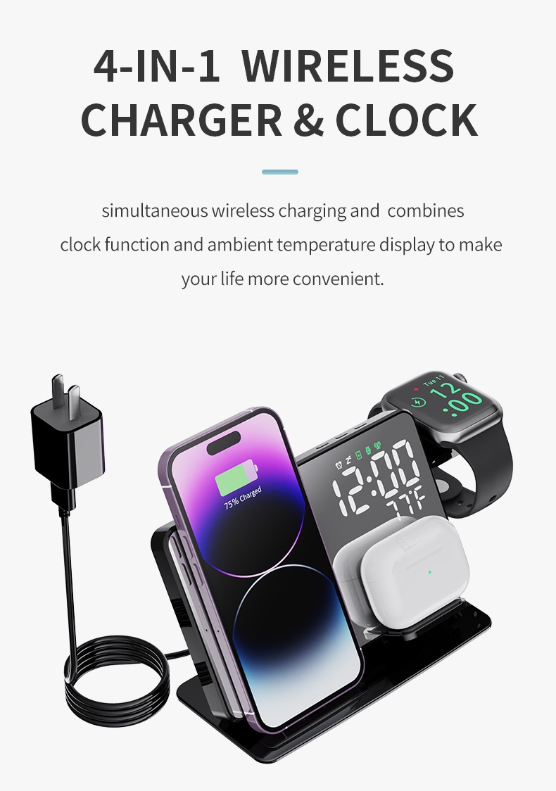 1 Set Wireless Charging Station 4 In 1 Support QI Devices ABS LED ...