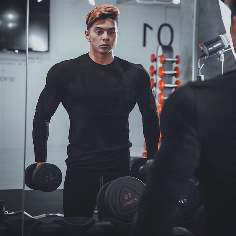 Compression Cotton T-shirt Men Running Sport Skinny Long Sleeve Tee Shirt Male Gym Fitness Bodybuilding Workout Black Tops Clothing