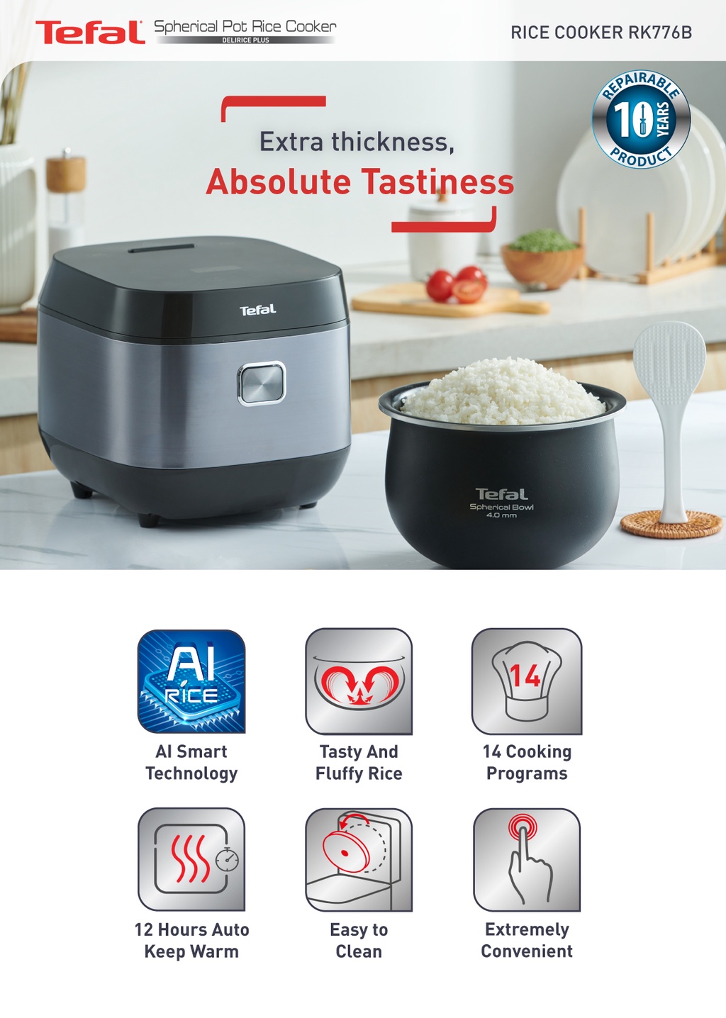 Tefal Delirice Plus Fuzzy Logic Spherical Pot Rice Cooker 1.8L RK776B 14 Programmes, AI, 12H
