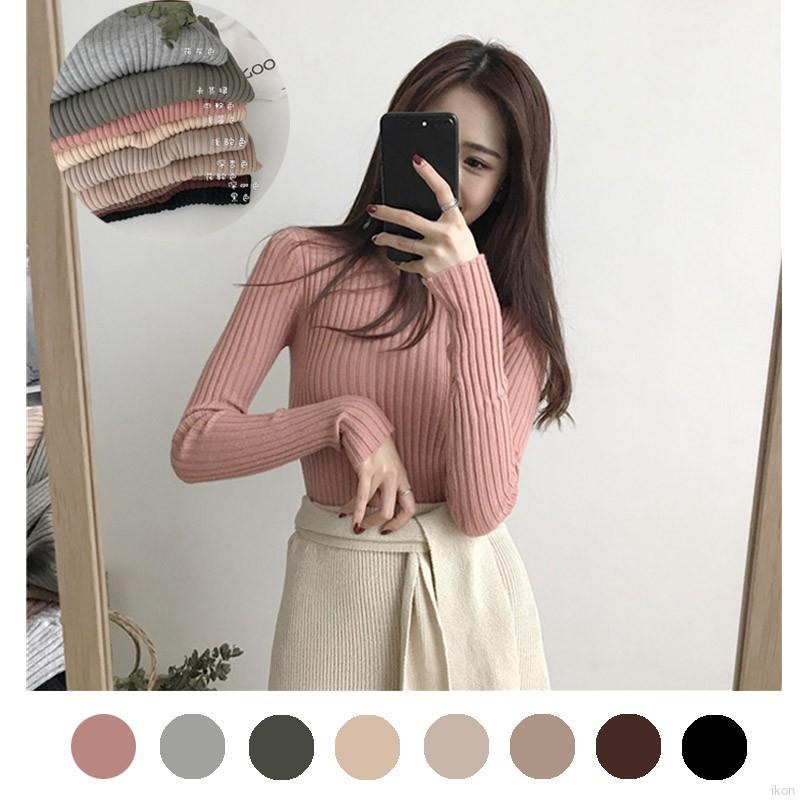 Ready Stock women Blouse clothing Long Sleeved Knitted tshirt Round Neck Tops High Elastic Sweater