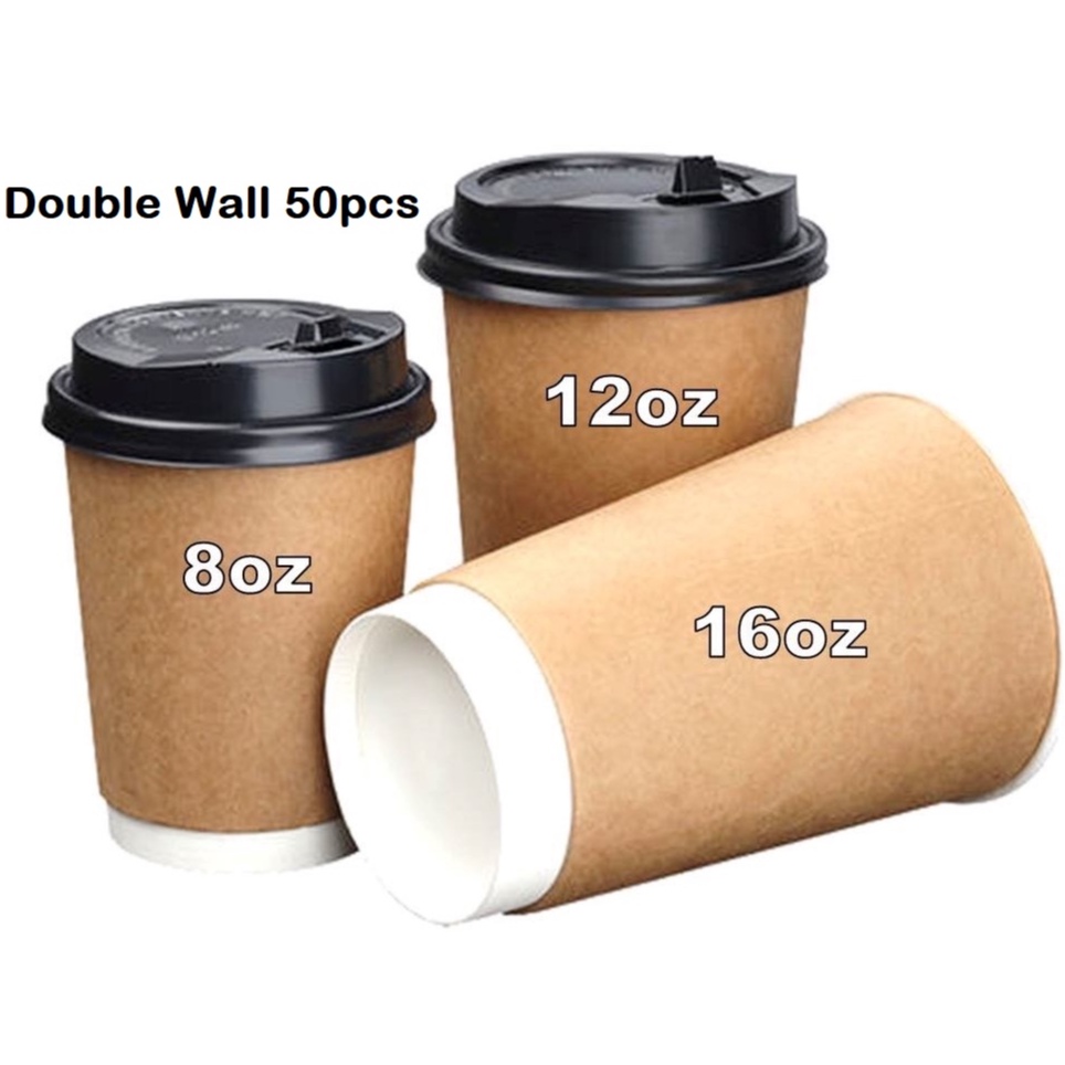 50pcs Double Wall Hot Cup with lid -- 8oz, 12oz & 16oz [Kraft] Hot cup ...