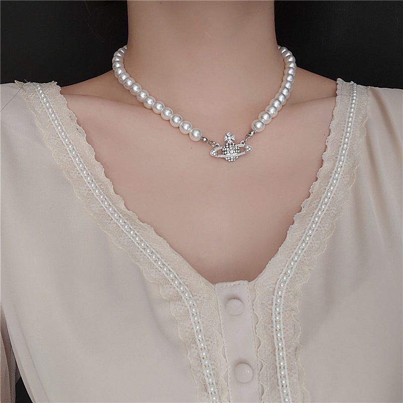 Viv1enne Westwood Retro Planet Pearl Short Necklace Wedding Jewelry Luxury Choker Chain Birthday Gift
