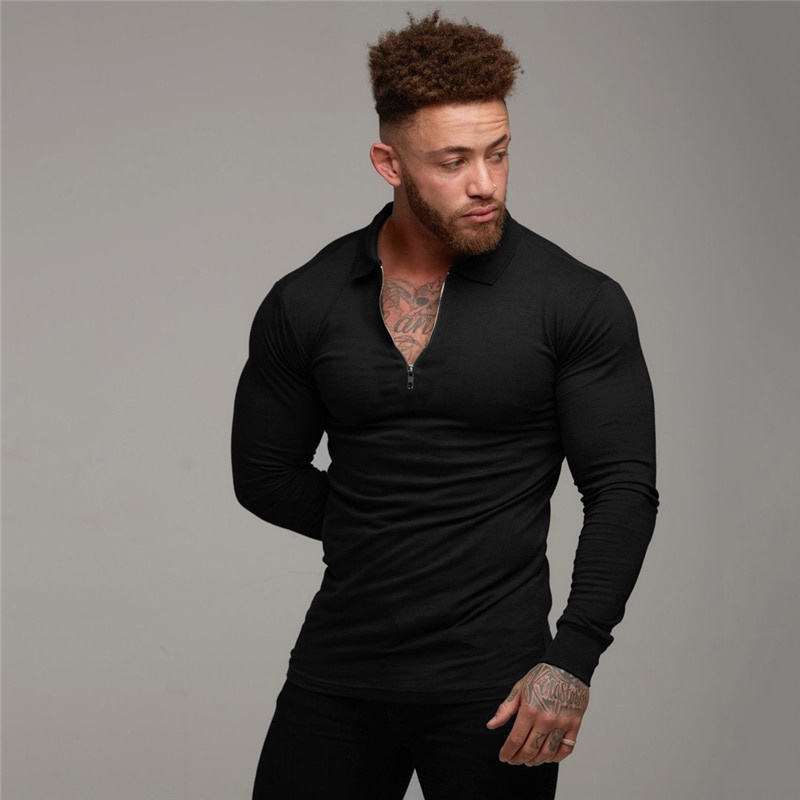 Gyms Fashion Zipper Polo Shirt Mens Clothing Workout Casual Polo Shirts Breathable Sports Long Sleeve Bodybuilding Men's Polos