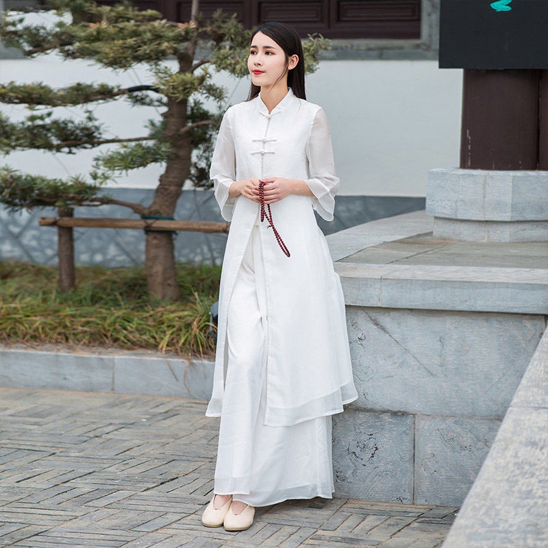 【禅服】佛系居士 透气 打坐素色 典雅 茶艺文艺 单/两件套[Zen Clothing] Buddhist Style Ladies Breathable Meditation Plain Elegant Tea Art Classic Single/Two-Piece Set Spring Autumn New Clothes Improved Hanfu Women Vintage Slimm