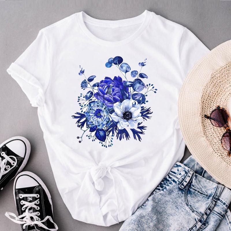 Clothing Top Basic Tee Flower Watercolor Trend 90s Style Print Summer Fashion Graphic T Shirts Female Clothes Tops Women Short Sleeve T-shirt
