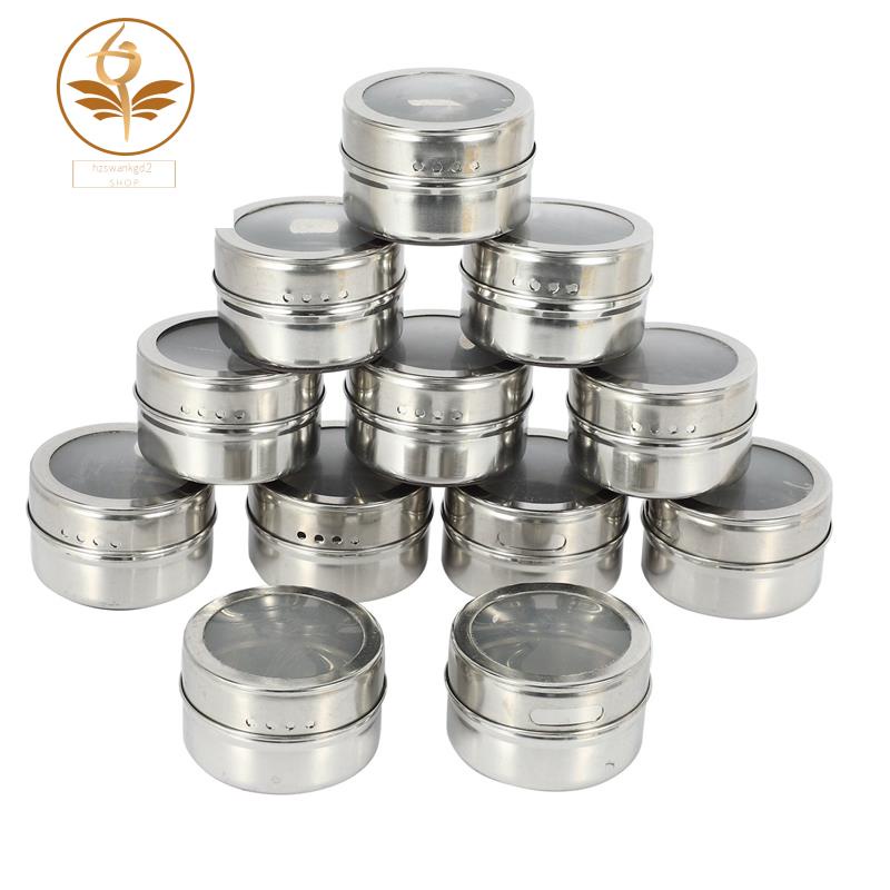 12pcs/set Clear Lid Spice Tin Jar Stainless Steel Spice Sauce