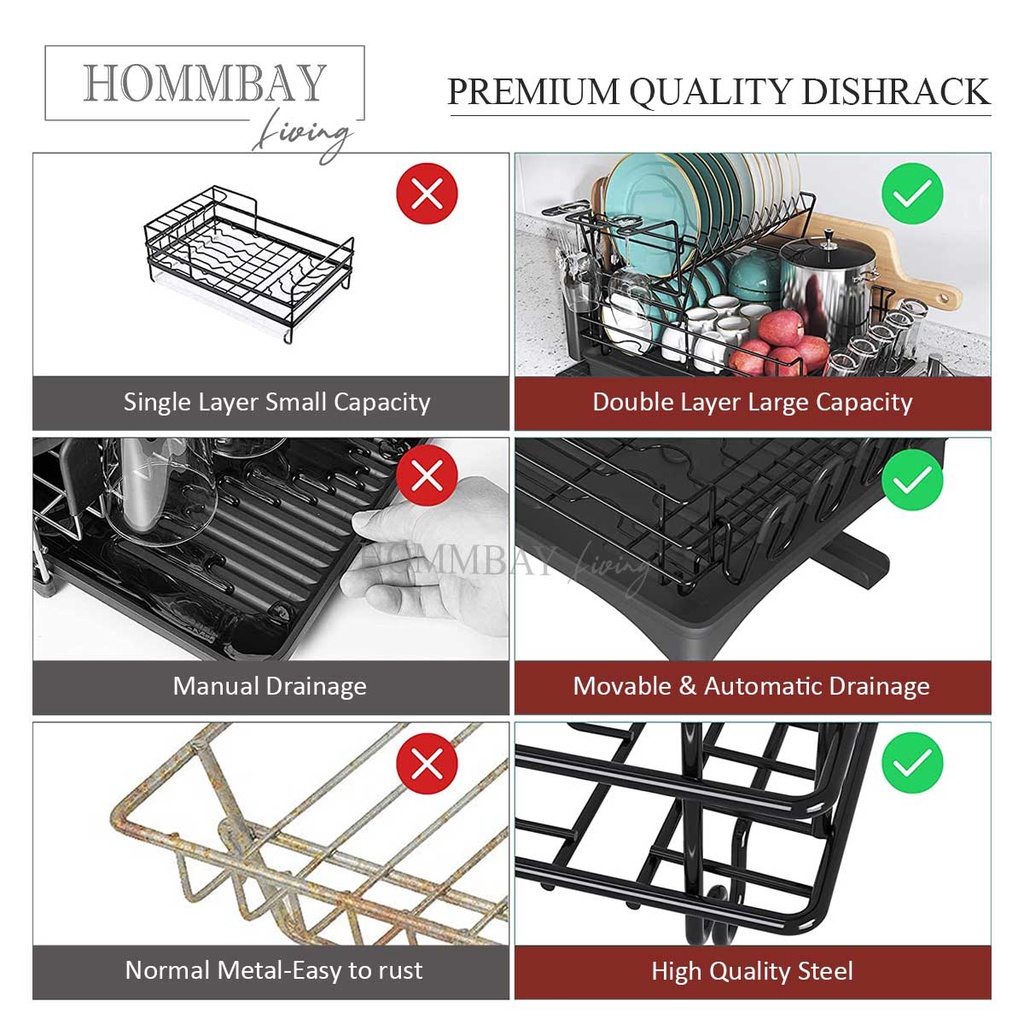 HOMMBAY Kitchen Japanese Style Minimalist Design Dish Rack with Water Swivel Spout and Draining
