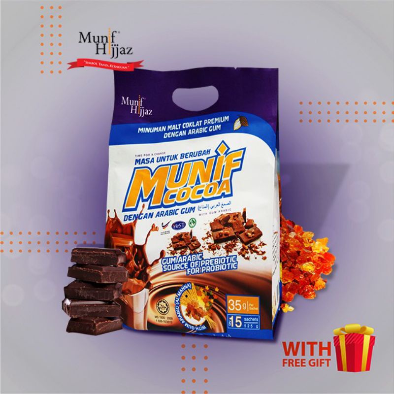 Munif Cocoa Arabic Gum Pouch Bag x 15 x 35g Sachets Beg poket gam ...