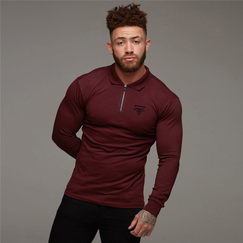 Muscleguys Polo Shirt Mens Long Sleeve Zipper Turn Over Collar Slim Fit Breathable Gym Clothing Bodybuilding Fitness Poloshirt