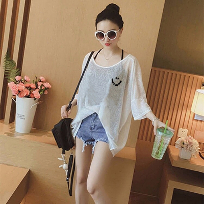 27T4586 # Summer clothing new large size round neck loose round neck printed short sleeve sling two-piece bottoming shirt top women