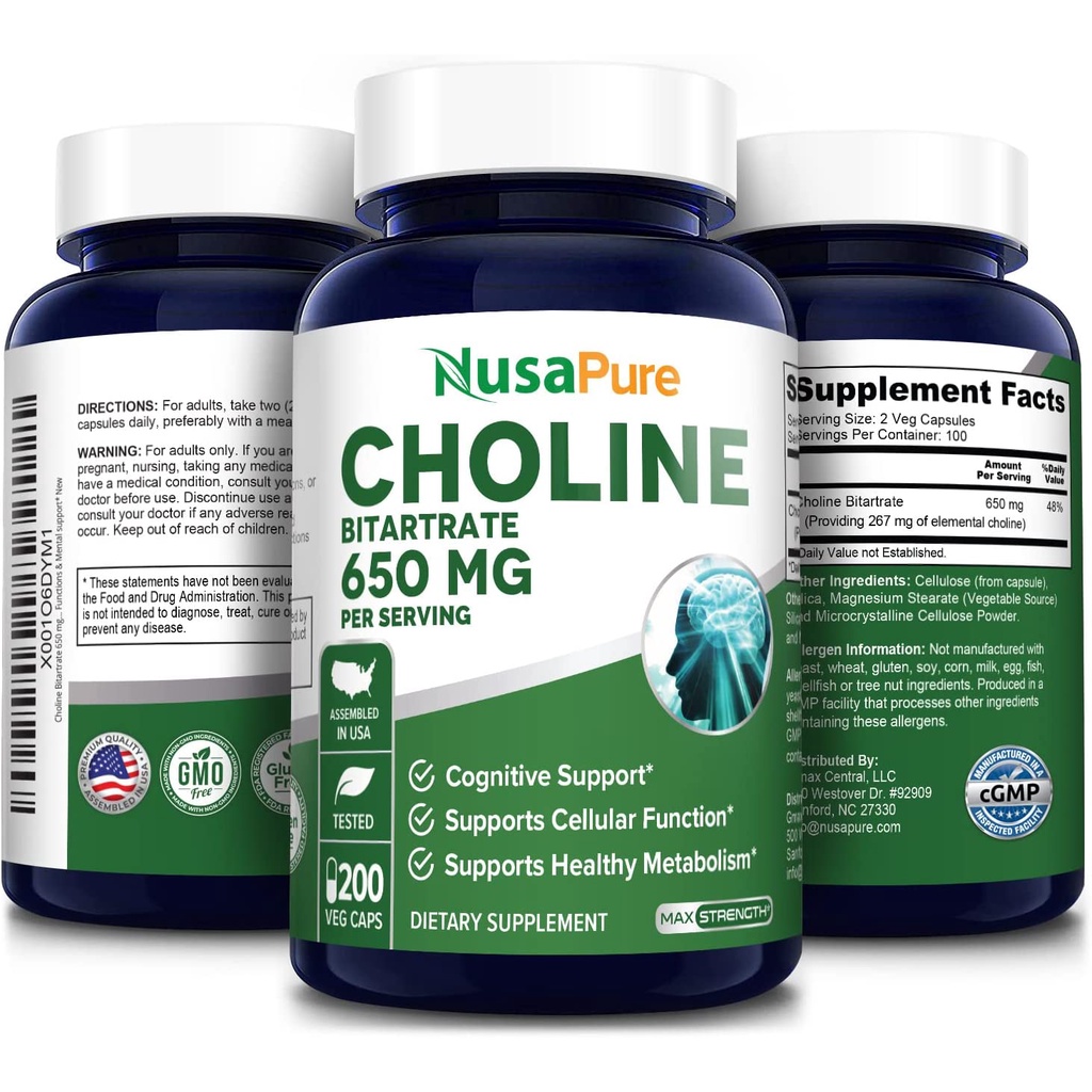 NusaPure Choline Bitartrate 650 mg 200 Veggie Capsules ( Vegetarian