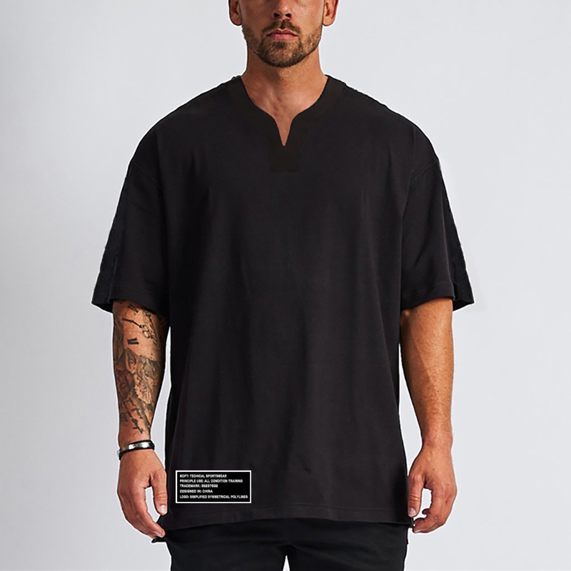 Mens Wear Oversized V-neck Cotton Fitness T Shirt Mens Summer Hip Hop Loose Workout Gym Clothing Half Sleeve T-shirt Bodybuilding Shirt