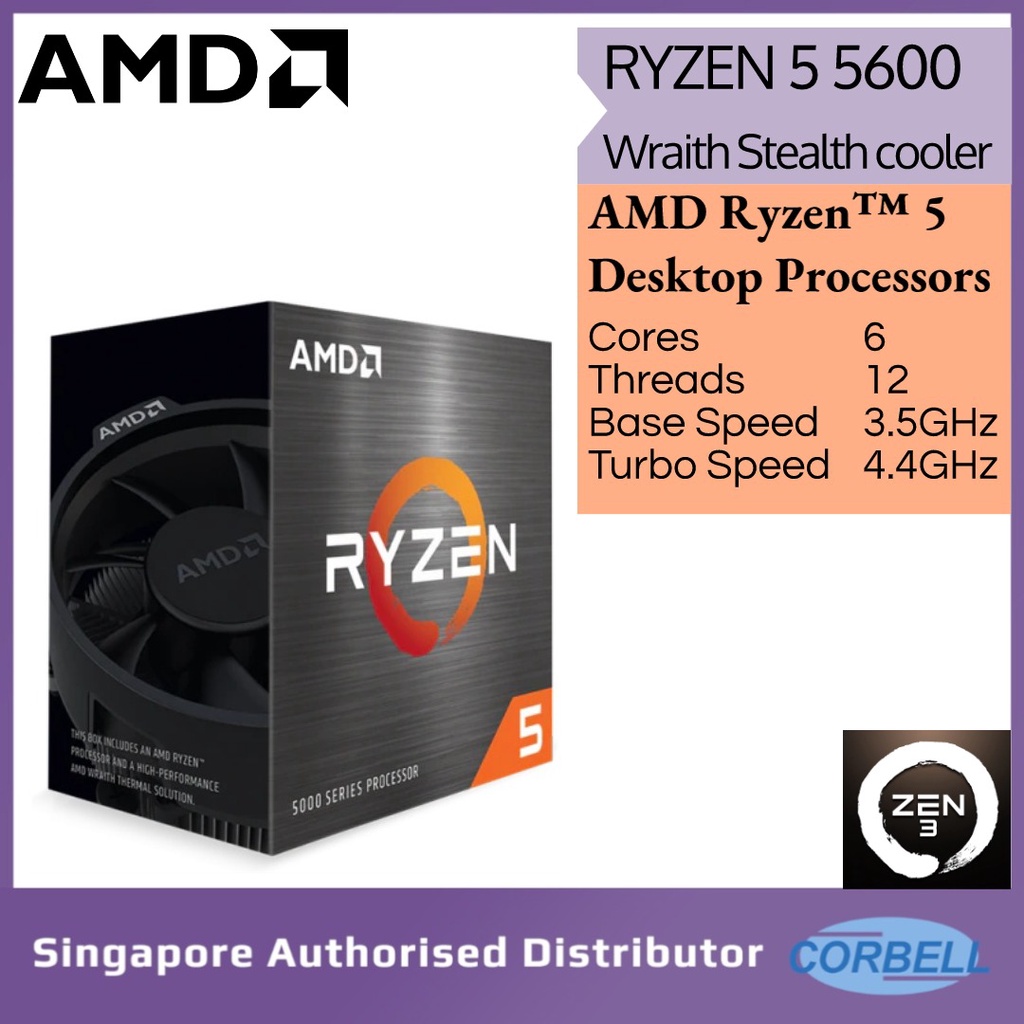AMD RYZEN 5 5600 AM4 PC Processors with Wraith Stealth Cooler Core 6 ...