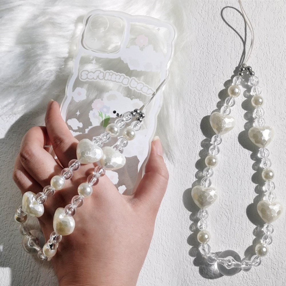 White Love Transparent  Mobile Phone Chain Anti-Lost Soft Pottery Rope Strap Lanyard Pearl Acrylic Abacus Bead Colorful Cell Phone Case Hanging Cord