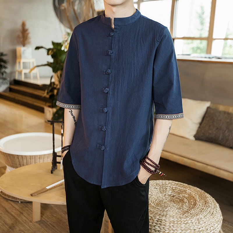 Summer Top Traditional Chinese Clothing for Men Vintage Half Sleeve Linen Shirts Madarin Collar Hanfu Kungfu