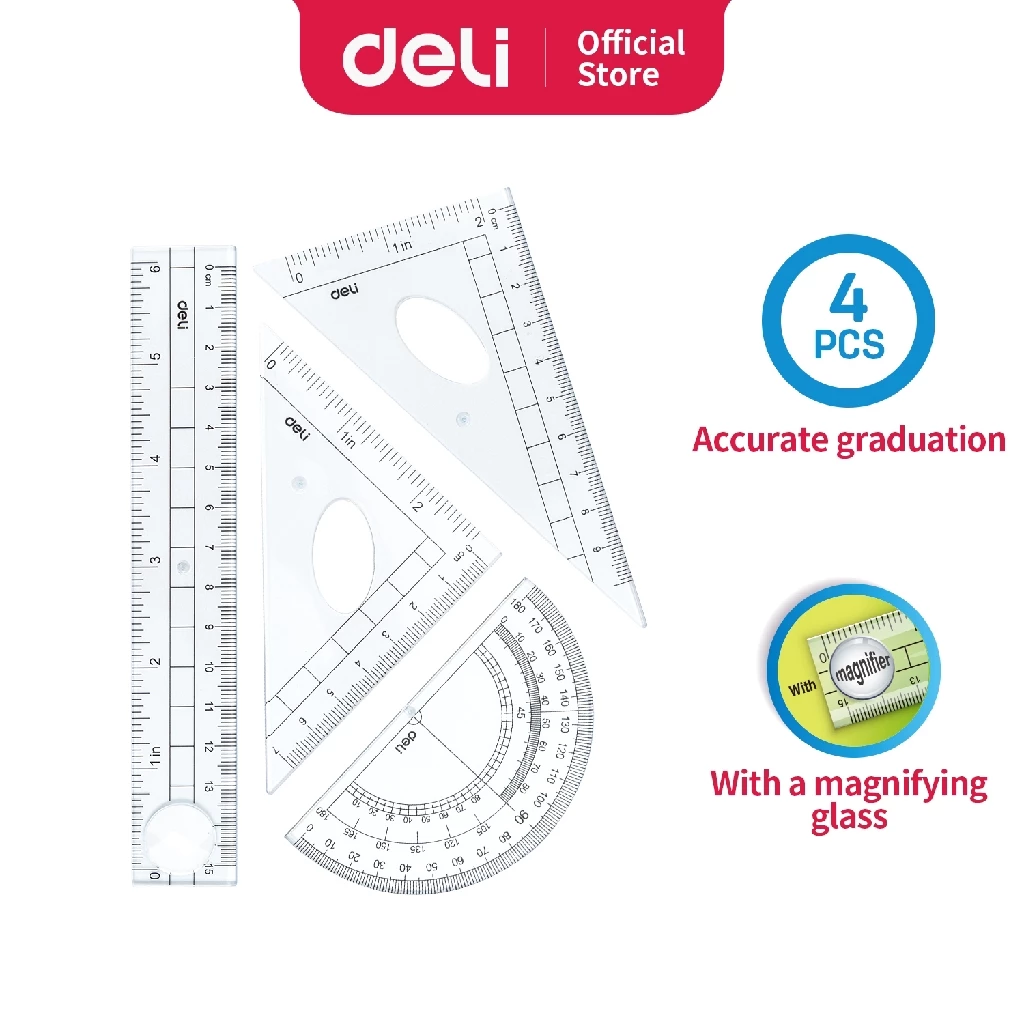 Deli Set Penggaris Set Persegi Busur Derajat Set 4pcs PS tembus berkualitas, tahan lama E9597 - Gambar 2
