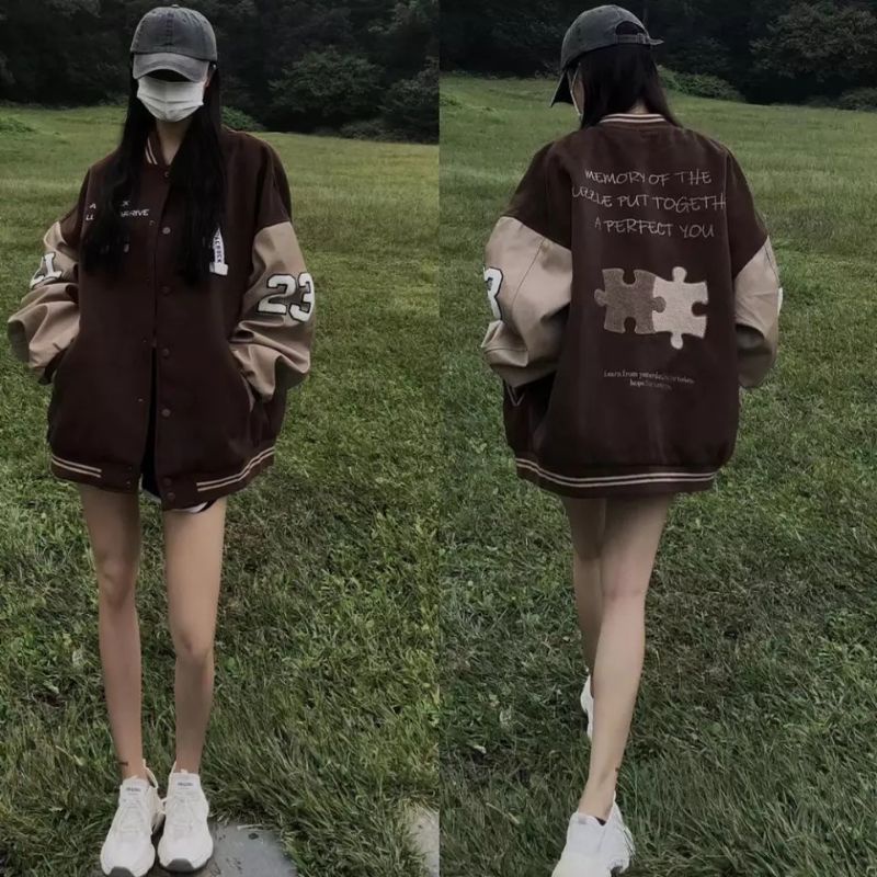 Puzzle A CHOCK BROWNIE VARSITY BASEBALL OVERSIZE/BOMBER BASEBALL Jacket  Korean STYLE