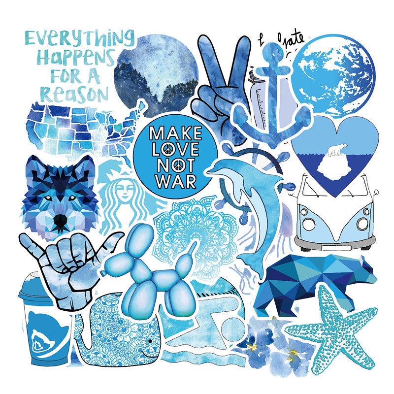 50PCS Girl's Blue Aesthetic Stickers Laptop Phone Waterproof Cute Decals  Gift
