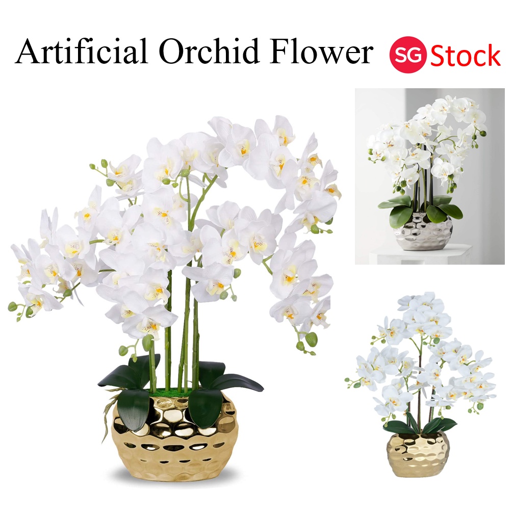 Artificial Orchid in Gold Vase White Orchid Silk Orchids Faux Orchid