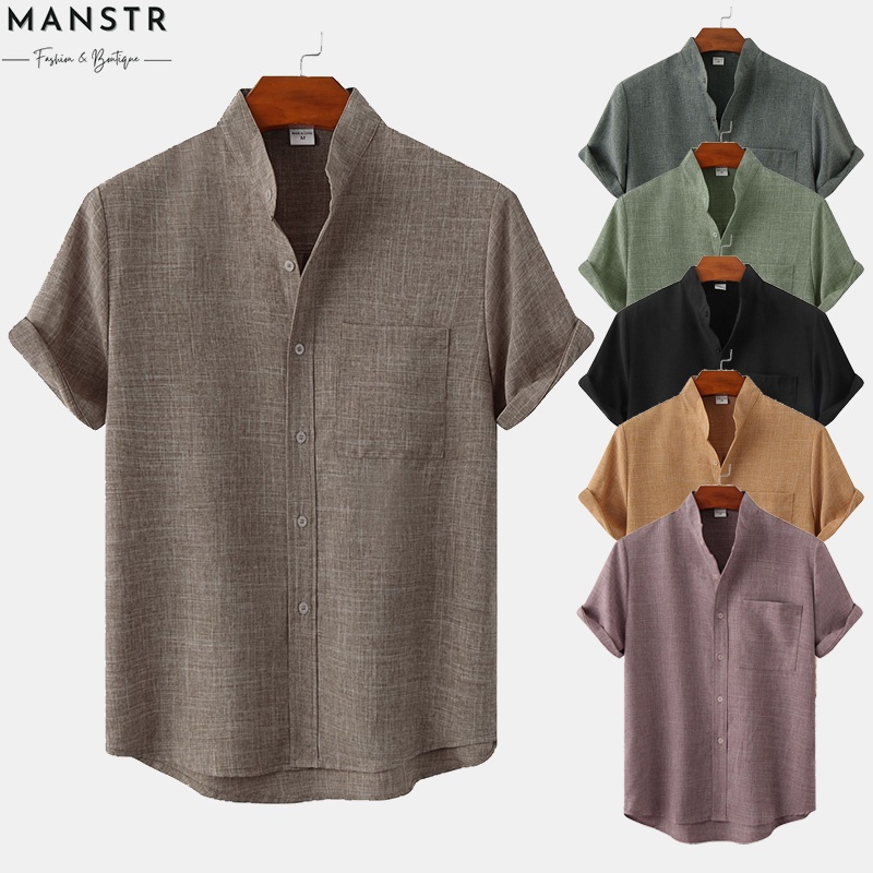 Men's Solid Color Cotton and Linen Button Up Polo Shirt \ Comfortable Slim Fit Short Sleeve Plain Pocket Shirt Black\ Red\ Brown\ Light Green\ Dark Green\ Khaki