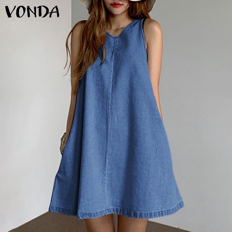 Vonda Women Summer Korean Crew Neck Sleeveless Solid Color Casual A