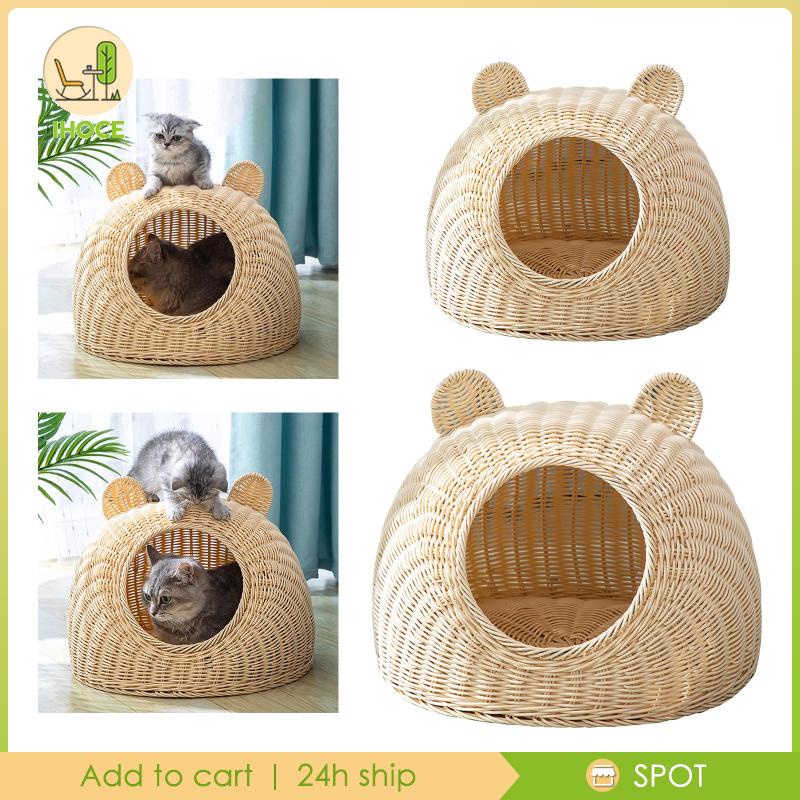 Rattan Cat Bed Cage Hideaway House Interactive Play Cat House for