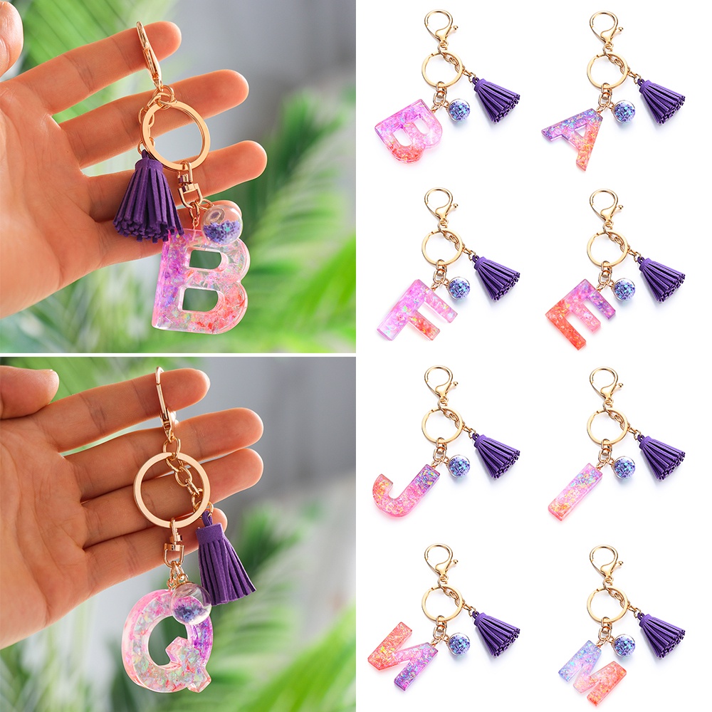 Pink Creative Letter Liquid Keychains 26 Glitter English Alphabet Ball Car  Bag Tassels Pendent Crystal Glitter Ball Keyring (Color: J)