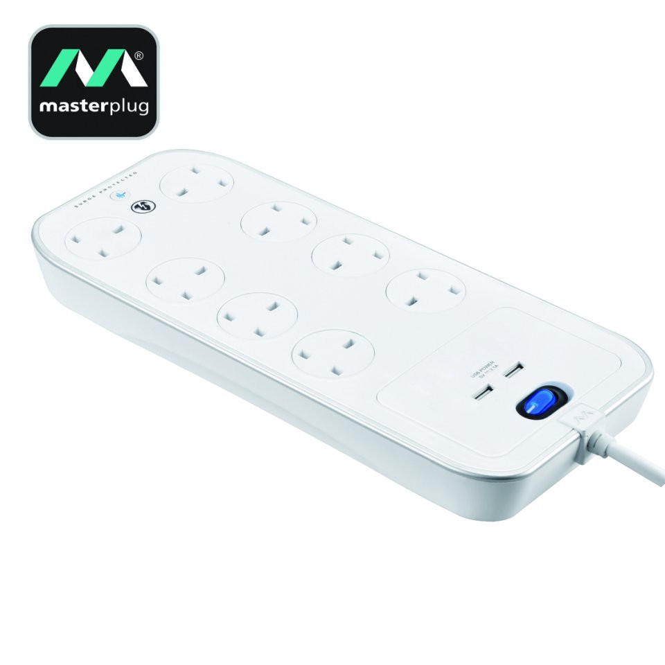 Masterplug Power Socket with Surge Protection, 2x3.1A USB, 8 Sockets ...