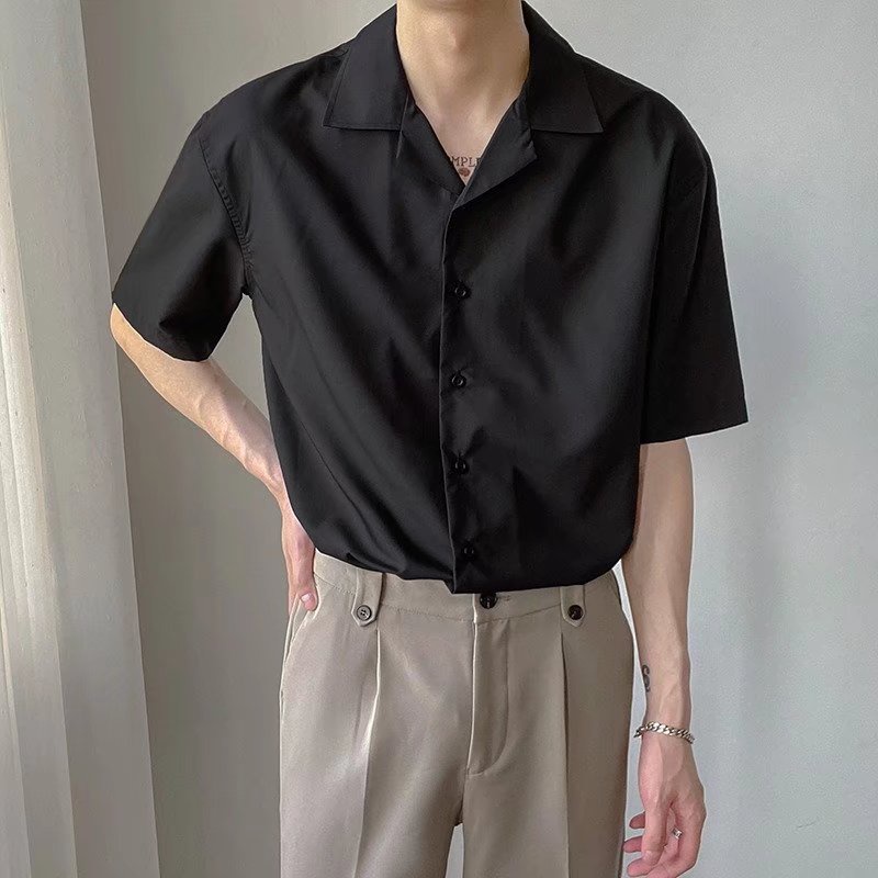Cuban Collar Shirt Men 4 Colors S-2XL Summer Solid Color Loose Korean Version Hair Stylist Short Sleeve ins Vintage Youth Men's Tops