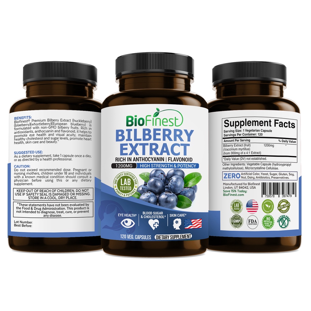 Biofinest Bilberry Extract 1200mg Supplement Antioxidant Night Vision Eye Support Heart Brain